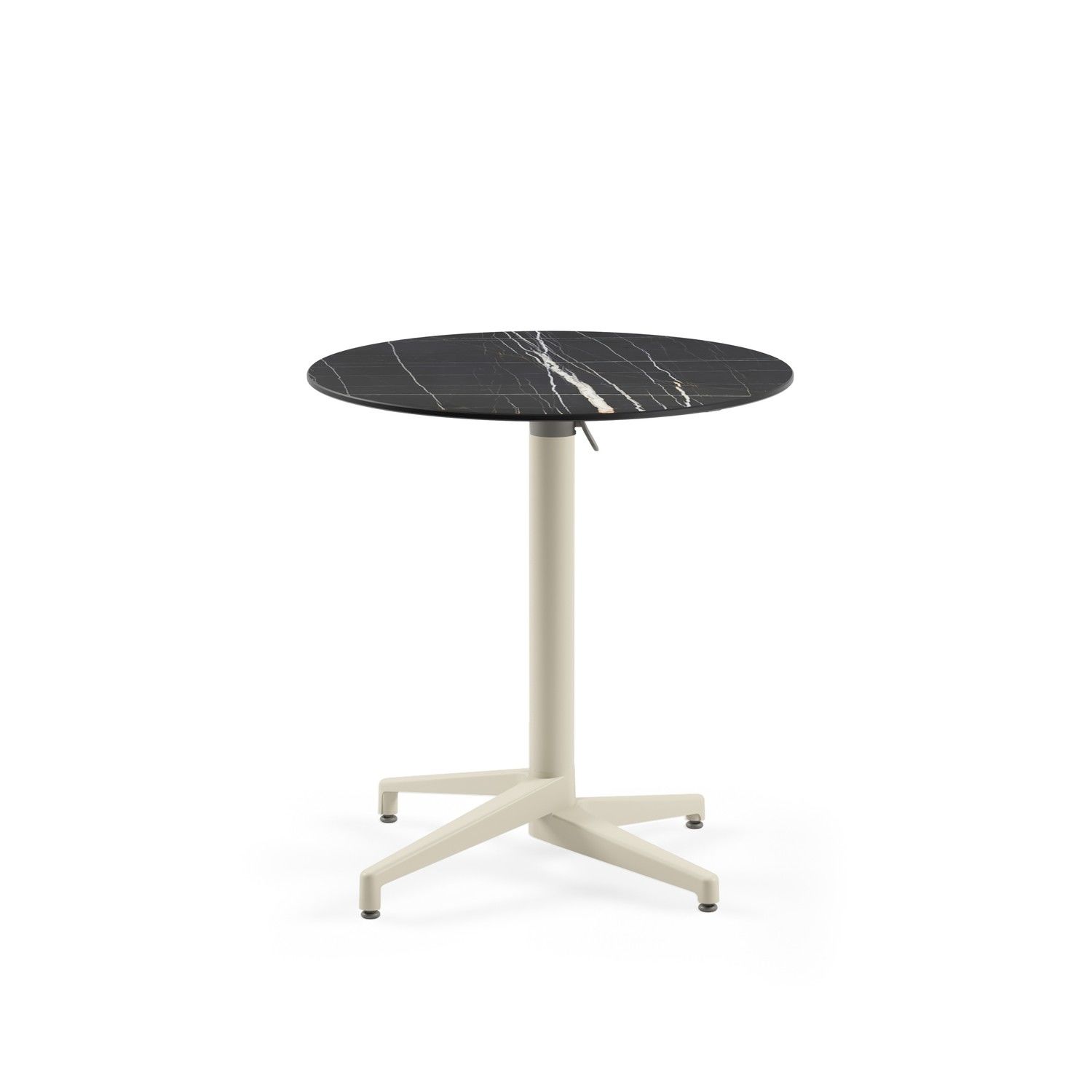 Compact Paslanmaz Katlanır Cafe Restaurant Masası - 77 cm Yuvarlak Bej Ayaklı, Siyah Mermer Desenli, Dayanıklı ve Şık