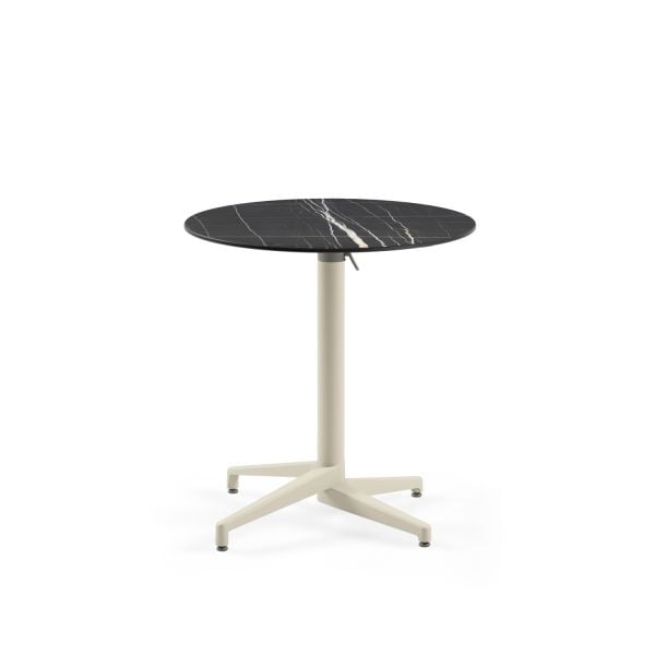 Compact Paslanmaz Katlanır Cafe Restaurant Masası - 77 cm Yuvarlak Bej Ayaklı, Siyah Mermer Desenli, Dayanıklı ve Şık