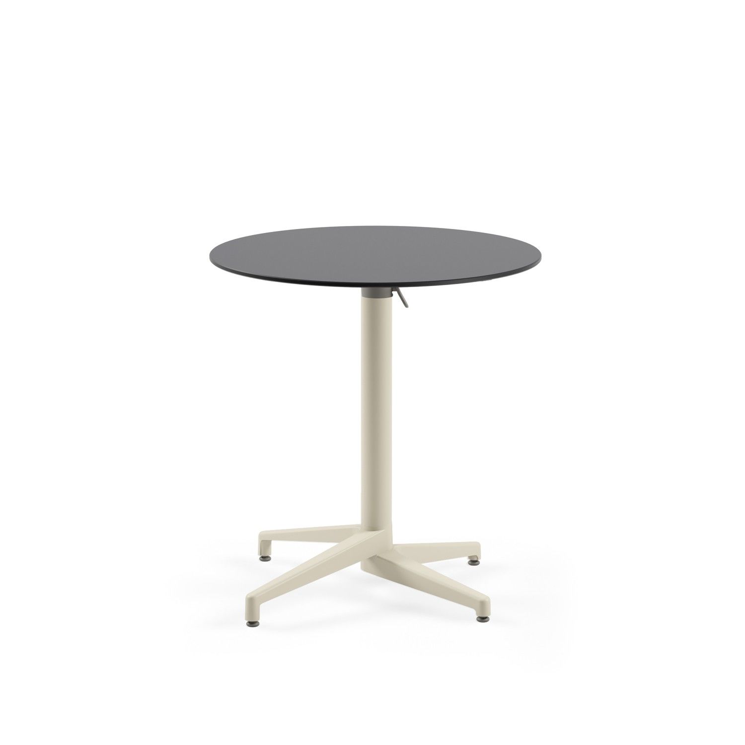Compact Katlanır Paslanmaz Otel Restoran Masası – 77 cm Yuvarlak Antrasit Gri Laminat Üst Tabla Ve Bej Ayaklı Çizilmeye Çok Dayanıklı