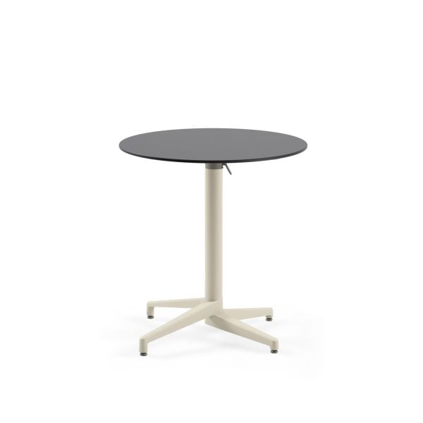 Compact Katlanır Paslanmaz Otel Restoran Masası – 77 cm Yuvarlak Antrasit Gri Laminat Üst Tabla Ve Bej Ayaklı Çizilmeye Çok Dayanıklı