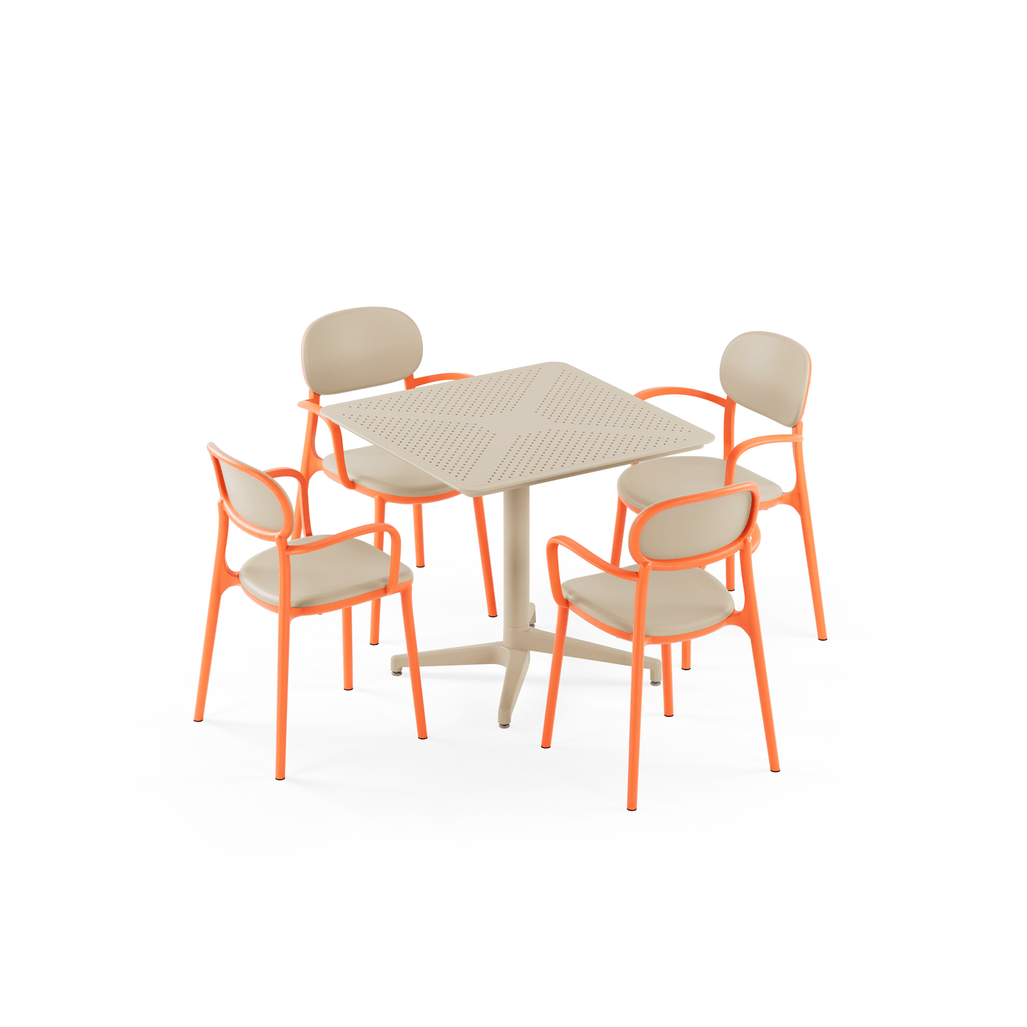 Bej Turuncu 4 Kişilik Dış Mekan Bahçe Masa Sandalye Takımı 80x80 cm – Otel, Cafe, Balkon, Teras İçin Sabit Masa & Kollu Sandalye Seti