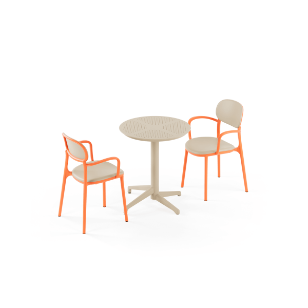 2 Kişilik Bej Turuncu Bahçe Masa Takımı – 60 cm Yuvarlak Masa ve Kollu Sandalye