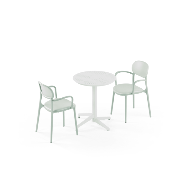 Beyaz Nil yeşili Yuvarlak Dış Mekan Bahçe Masa Sandalye Takımı 2 Kişilik 60 cm Sabit Masa Kollu Sandalye Seti