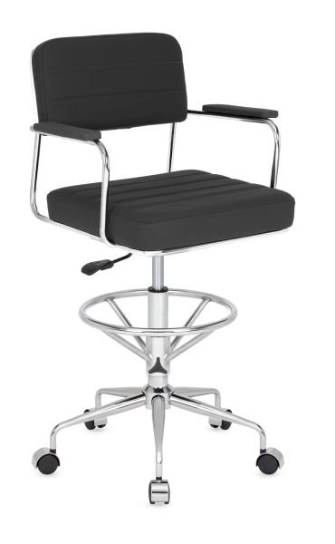 REX Siyah Deri Tekerlekli Yüksek Boy Resepsiyon Bar Sandalyesi - Metal Krom Ayak, Ergonomik, Şık ve Dayanıklı Tasarım - Ücretsiz Kargo