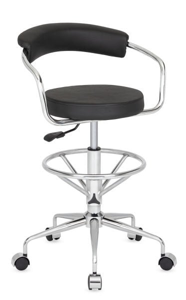 Ergonomik Nessa Bel Destekli Tekerlekli Bar Taburesi – Siyah Deri, Metal Krom, Amortismansız Ayak ve Dayama Çemberi – Yüksek Masa için Konforlu ve Şık Bar Taburesi