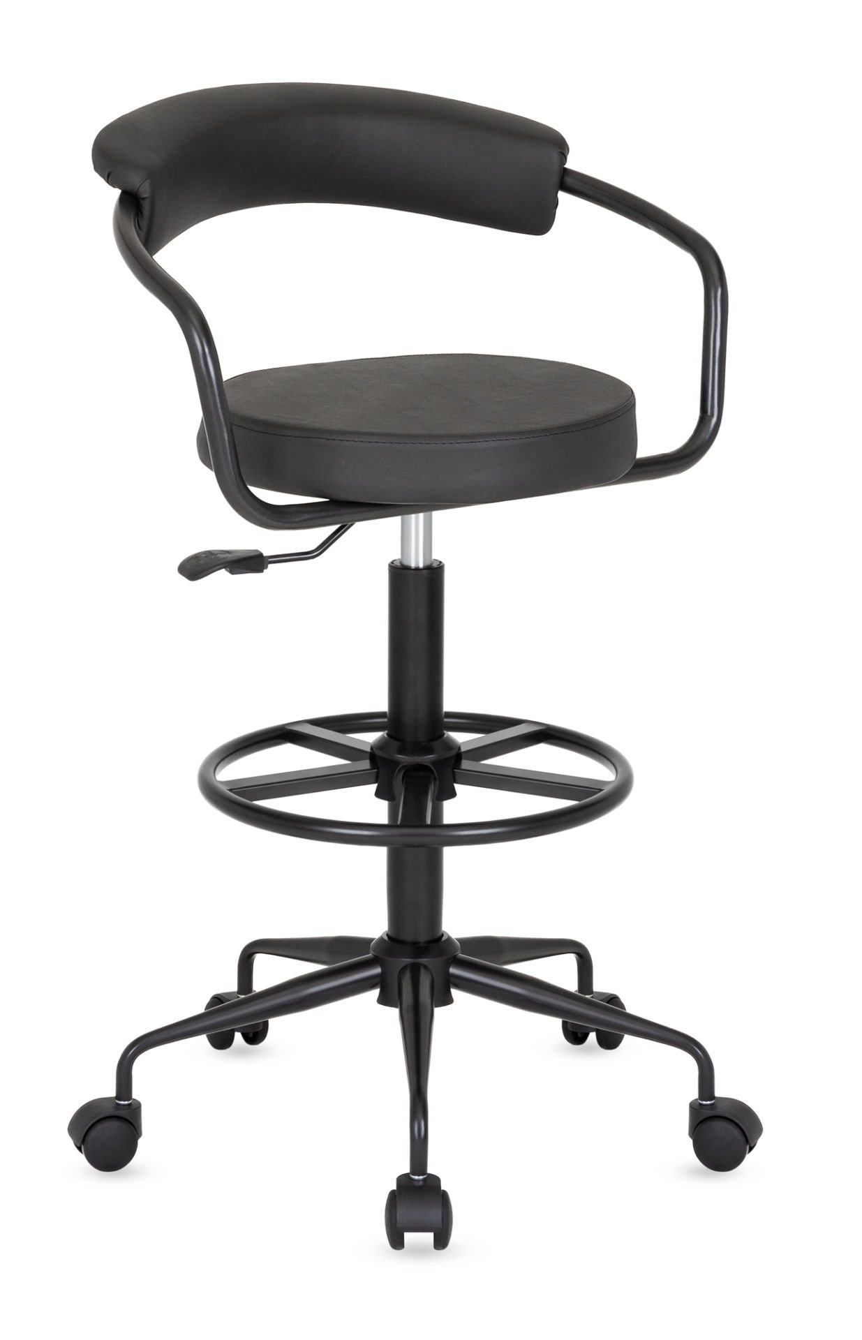 Nessa Bel Destekli Tekerlekli Siyah Bar Taburesi – Ergonomik Sırt Dayamalı, Metal Siyah Fırın Boyalı, Yüksek Bar Boy Masalar İçin Amortisörlü Tekerlekli Bar Sandalyesi