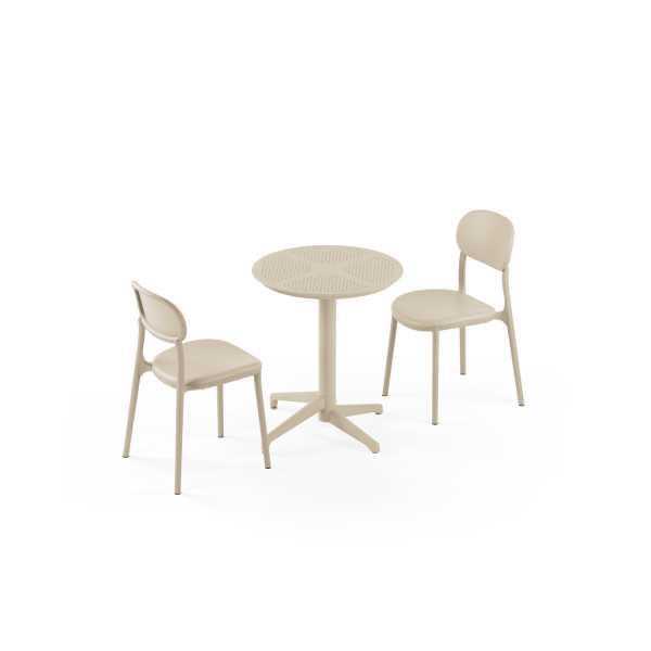 Bej 2 Kişilik Yuvarlak Bahçe Masa Sandalye Takımı | 60 cm Sabit Masa | Dış Mekan, Balkon, Teras, Kafe, Otel, Mutfak İçin Uygun Set