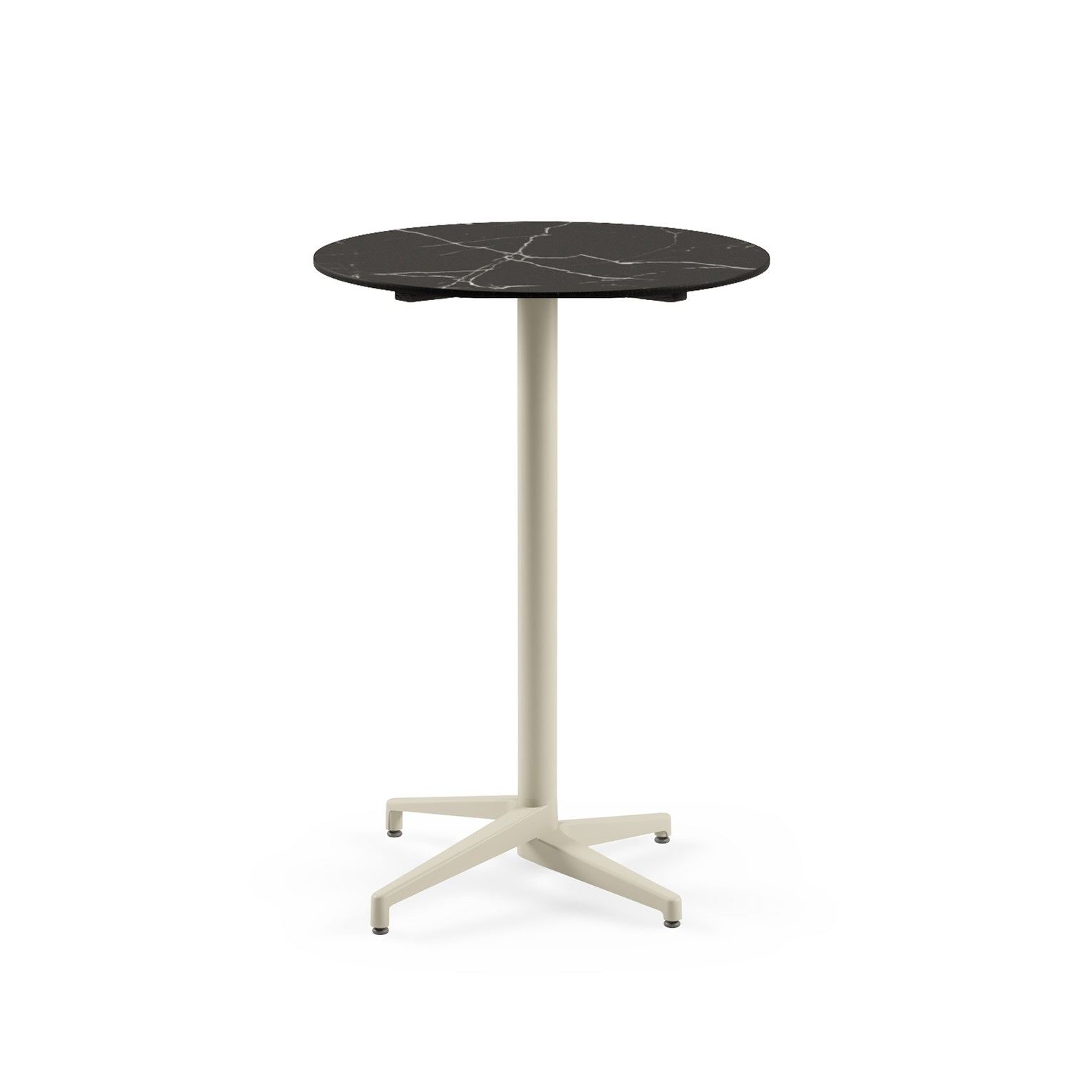 Compact Paslanmaz Bistro Kokteyl Restaurant Bar Masası - 77 cm Yuvarlak Bej Renkli, Siyah Mermer Desenli Laminat Üst Tabla, Dış Mekan ve İç Mekan Kullanımı