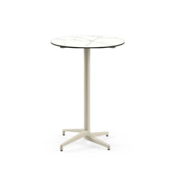 Compact Paslanmaz Bistro Restoran Bar Masası - Beyaz Mermer Desenli Laminat Üst, Yuvarlak, Dış Mekan & İç Mekan Kullanımı, 77 cm Çap