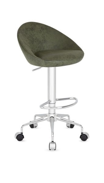 ATHENA Küçük Tekerlekli Bar Sandalyesi - Ergonomik, Silinebilir Yeşil Deri, Metal Krom Ayak, Amortisörlü ve Ayak Dayamalı Yüksek Sandalye