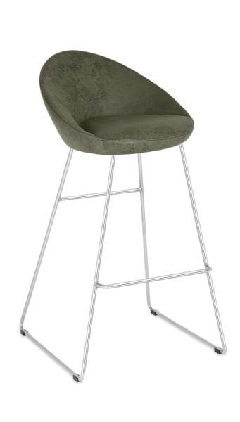 Athena Küçük Mutfak Bar Sandalyesi -  75.cm Ergonomik, Metal Krom Ayaklı, Yeşil Deri Döşeme