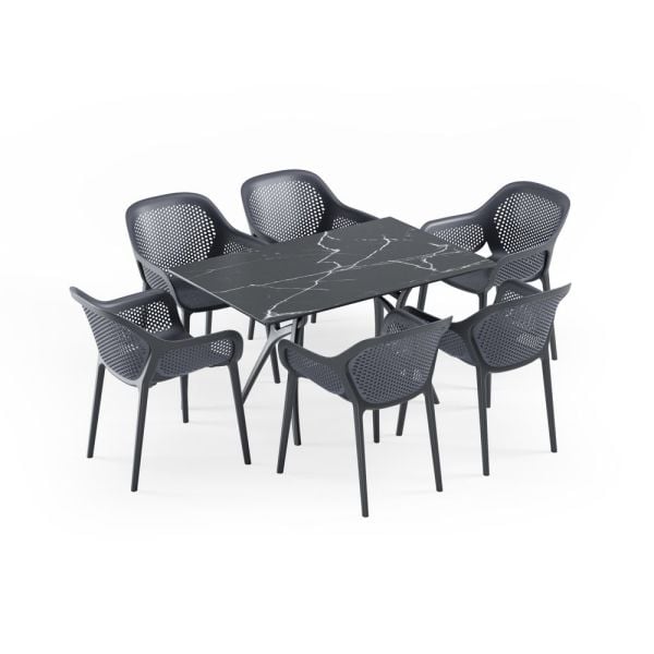 6 Kişilik Antrasit Gri Dikdörtgen Conpact Laminat Dış Mekan Bahçe Masa Sandalye Takımı 80x140.cm