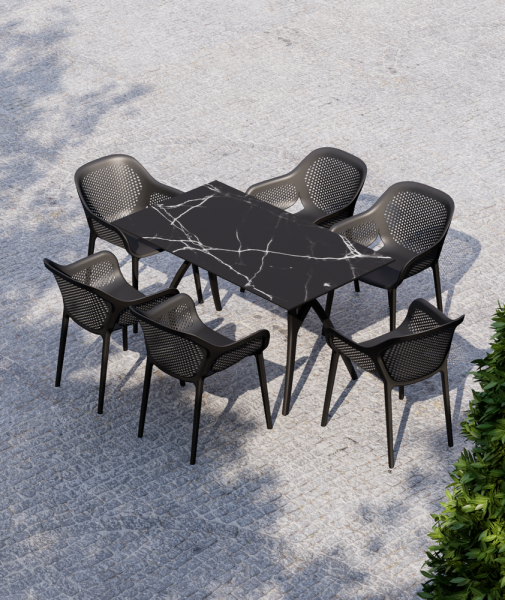 6 Kişilik Antrasit Gri Dikdörtgen Conpact Laminat Dış Mekan Bahçe Masa Sandalye Takımı 80x140.cm