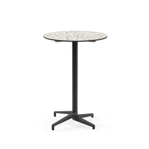 Compact Paslanmaz Bistro Otel Bar Masası – Yuvarlak Terrazzo Mermer Desenli Laminat, Dış Mekan ve İç Mekan Kullanımı İçin Dayanıklı