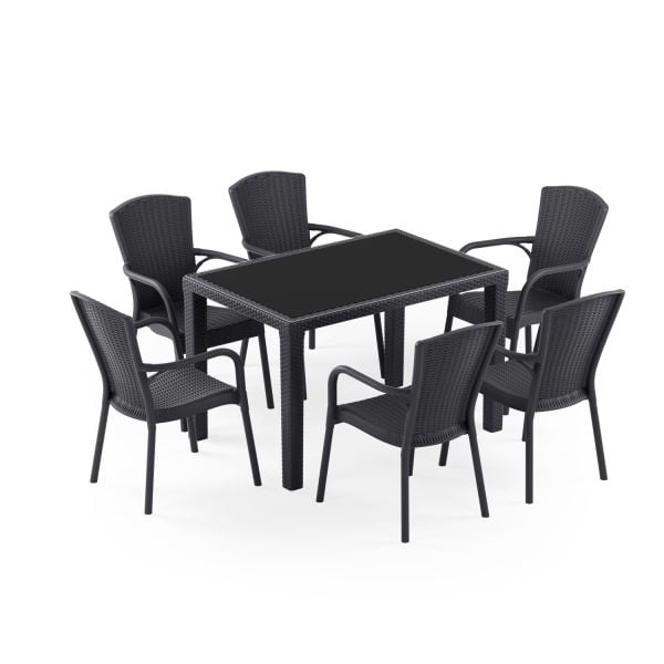 Antrasit Rattan Bahçe Masa Sandalye Seti 6 Kişilik 80x120