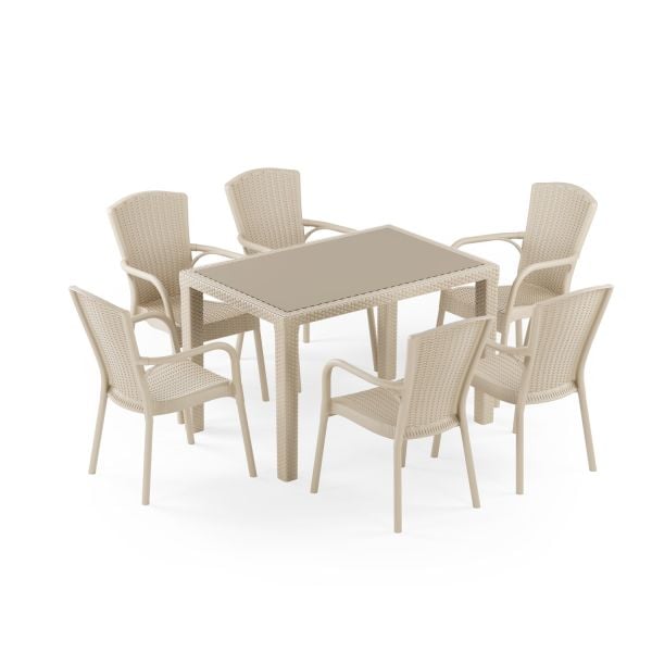 Bej Rattan Bahçe Masa Sandalye Takımı 6 Kişilik 80x120