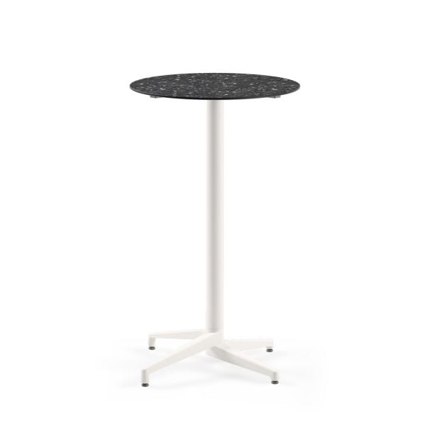 Compact Paslanmaz Bistro Cafe Bar Masası – Beyaz Terrazzo Mermer Desenli Laminat Üst, Yuvarlak, Dış Mekan ve İç Mekan Kullanımı için Şık ve Dayanıklı Bar Masası - 77 cm Çap