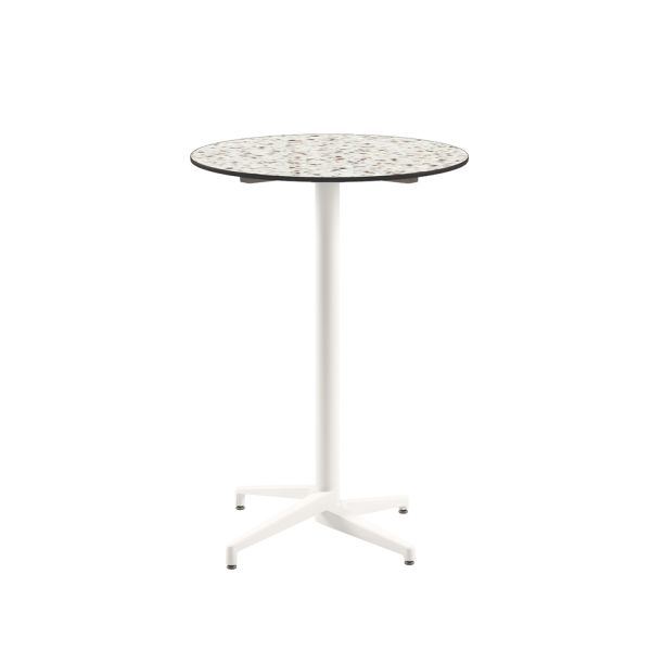 Compact Paslanmaz Yuvarlak Bar Masası - Terrazzo Mermer Desenli Üst Tabla, Dış Mekan ve İç Mekan Kullanımı için Şık ve Dayanıklı Tasarım - 77 cm Çap, Beyaz Ayaklı