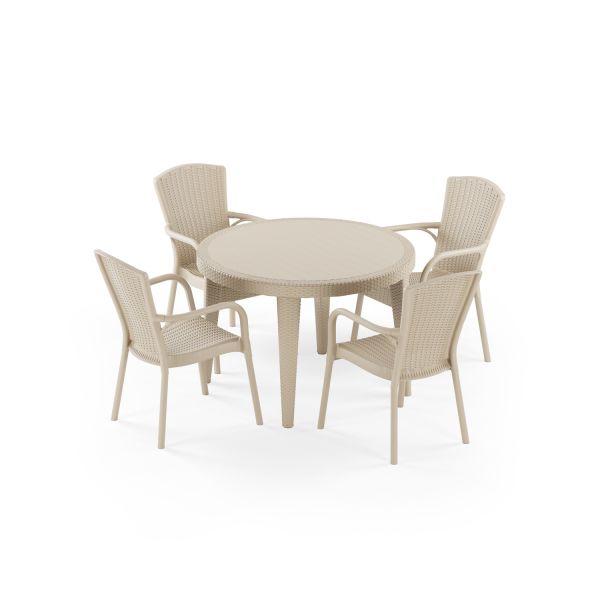 Bej Rattan Bahçe Masa Sandalye Seti 4 Kişilik 110 cm