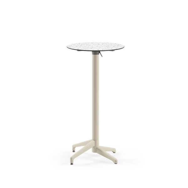 Compact Paslanmaz Katlanır Bar Masası – 60 cm Yuvarlak, Terrazzo Mermer Desenli Laminat Üst, Dış Mekan & İç Mekan Kullanımı