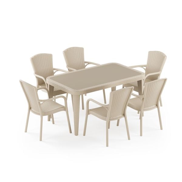 Bej 6 Kişilik Dış Mekan Bahçe Masa Sandalye Takımı 90x150