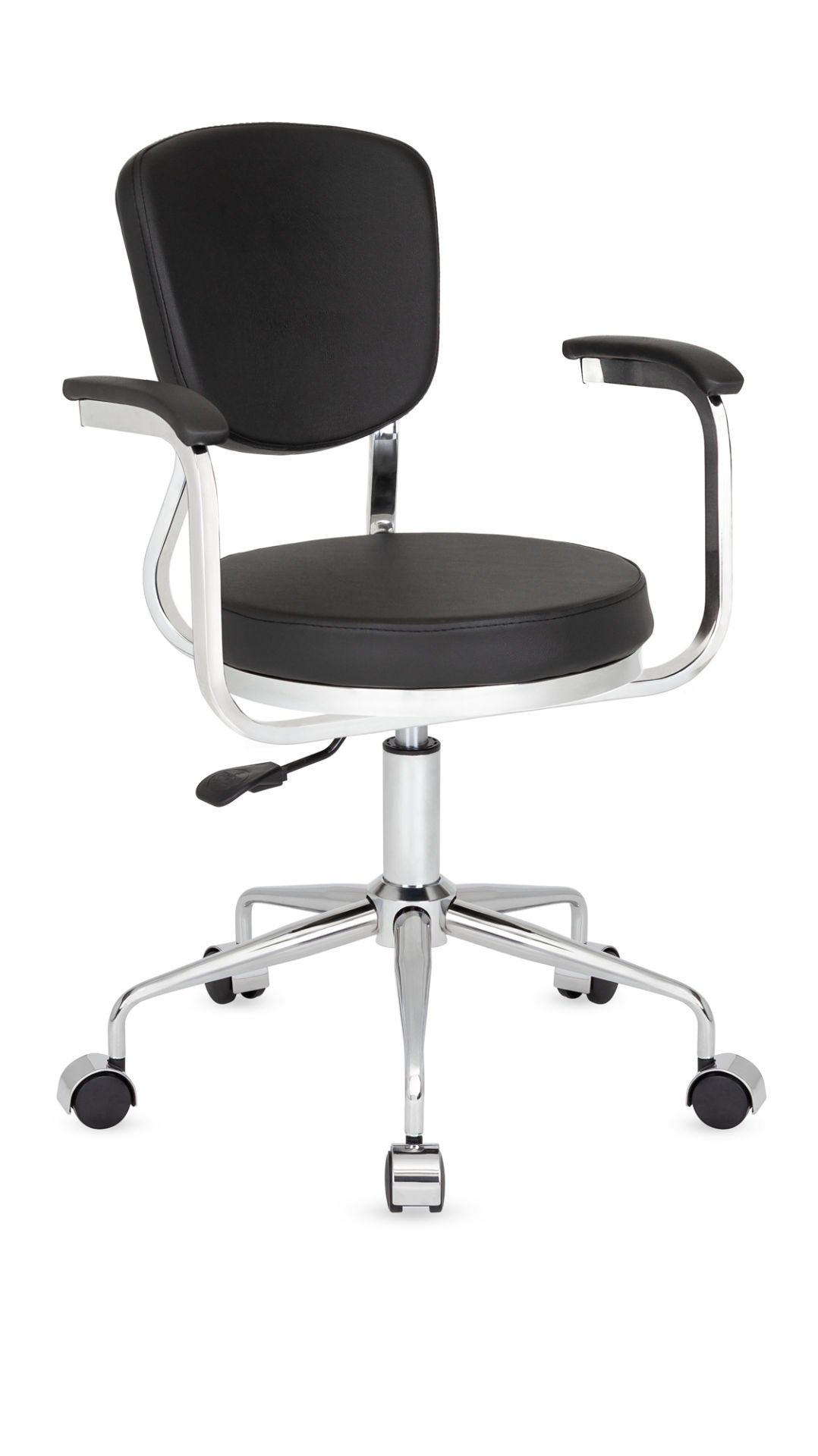 Obje Kollu Siyah Ofis Çalışma Sandalyesi – Silinebilir Deri, Metal Krom İskelet, Amortisörlü, Tekerlekli, Minimalist Tasarım, Genç Odası & Dar Alanlar İçin