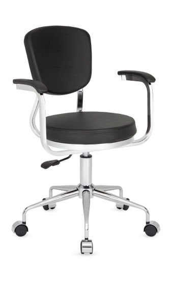 Obje Kollu Siyah Ofis Çalışma Sandalyesi – Silinebilir Deri, Metal Krom İskelet, Amortisörlü, Tekerlekli, Minimalist Tasarım, Genç Odası & Dar Alanlar İçin