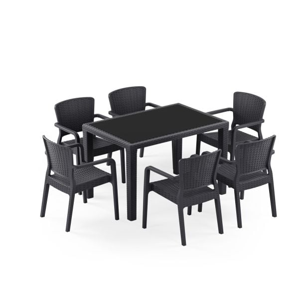 Antrasit Rattan Bahçe Masa Sandalye Takımı 6 Kişilik 80x120