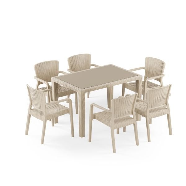 Bej Enjeksiyon Rattan Bahçe Masa Sandalye Takımı 6 Kişilik