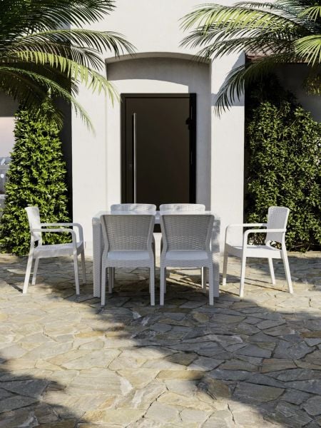 Beyaz 6 Kişilik Rattan Plastik Bahçe Masa Sandalye Takımı