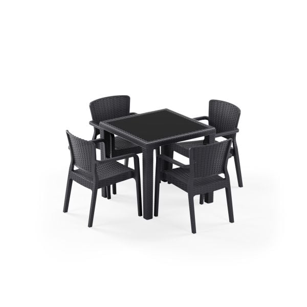 Antrasit 4 Kişilik Rattan Plastik Bahçe Masa Sandalye Takımı