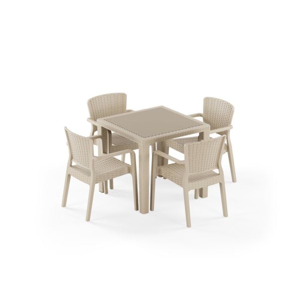Bej 4 Kişilik Rattan Plastik Bahçe Masa Sandalye Takımı