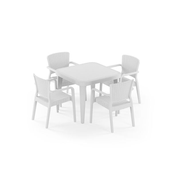 Beyaz Rattan Bahçe Masa Sandalye Takımı 4 Kişilik 90x90