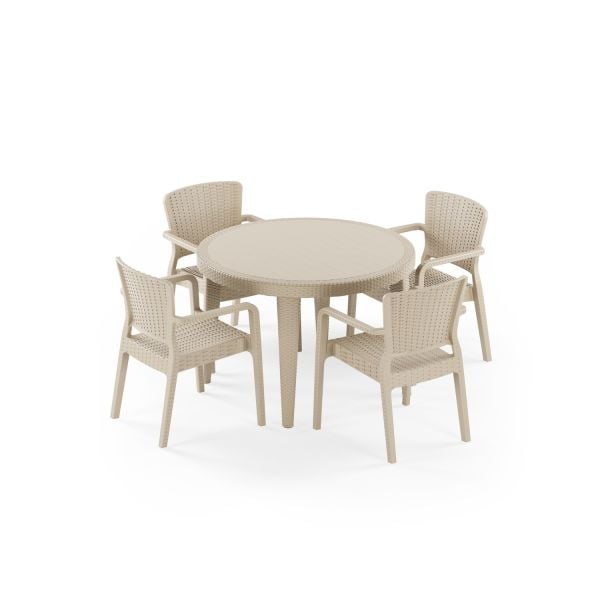 Bej Bahçe Masa Sandalye Takımı 4 Kişilik Yuvarlak 110 cm