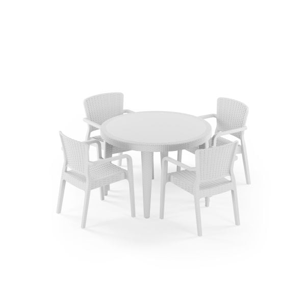 Beyaz Yuvarlak Bahçe Masa Sandalye Takımı 4 Kişilik 110 cm