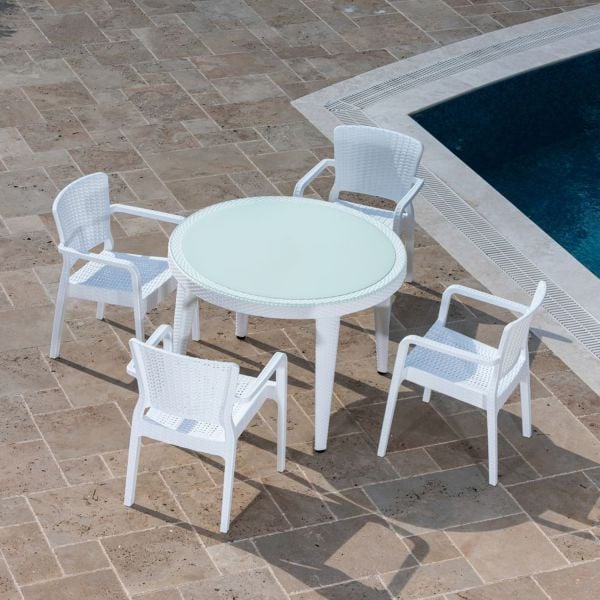 Beyaz Yuvarlak Bahçe Masa Sandalye Takımı 4 Kişilik 110 cm