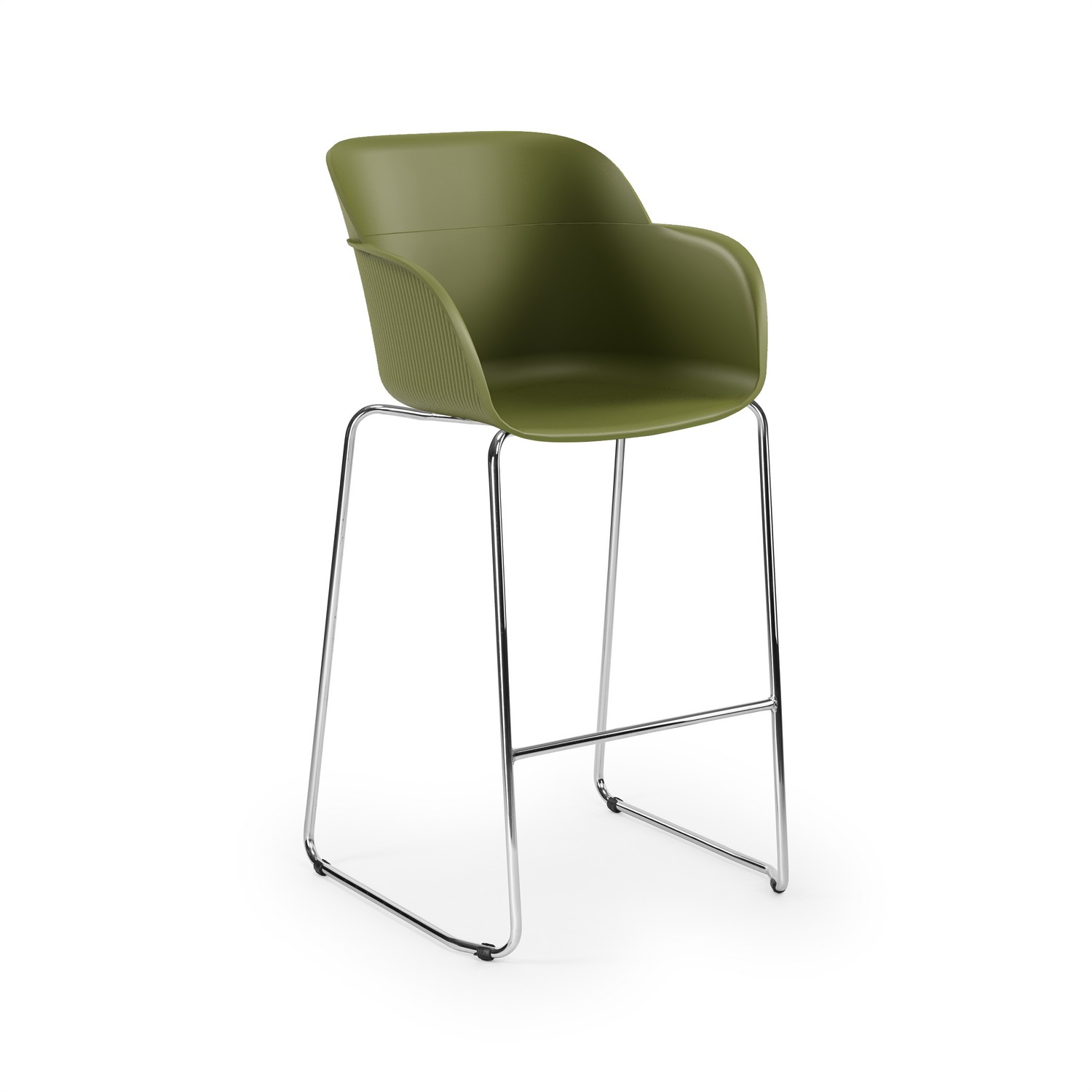Haki Yeşil Metal Krom Ayaklı Plastik Oturumlu Bar Sandalyesi – Ergonomik, Dayanıklı ve Şık
