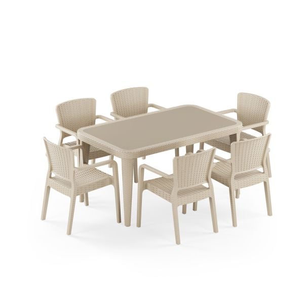 Bej 6 Kişilik Bahçe Masa Sandalye Takımı 90x150 cm