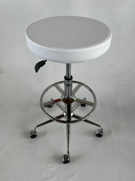 Krom Ayaklı Beyaz Deri Tekerlekli Yüksek Bar Taburesi