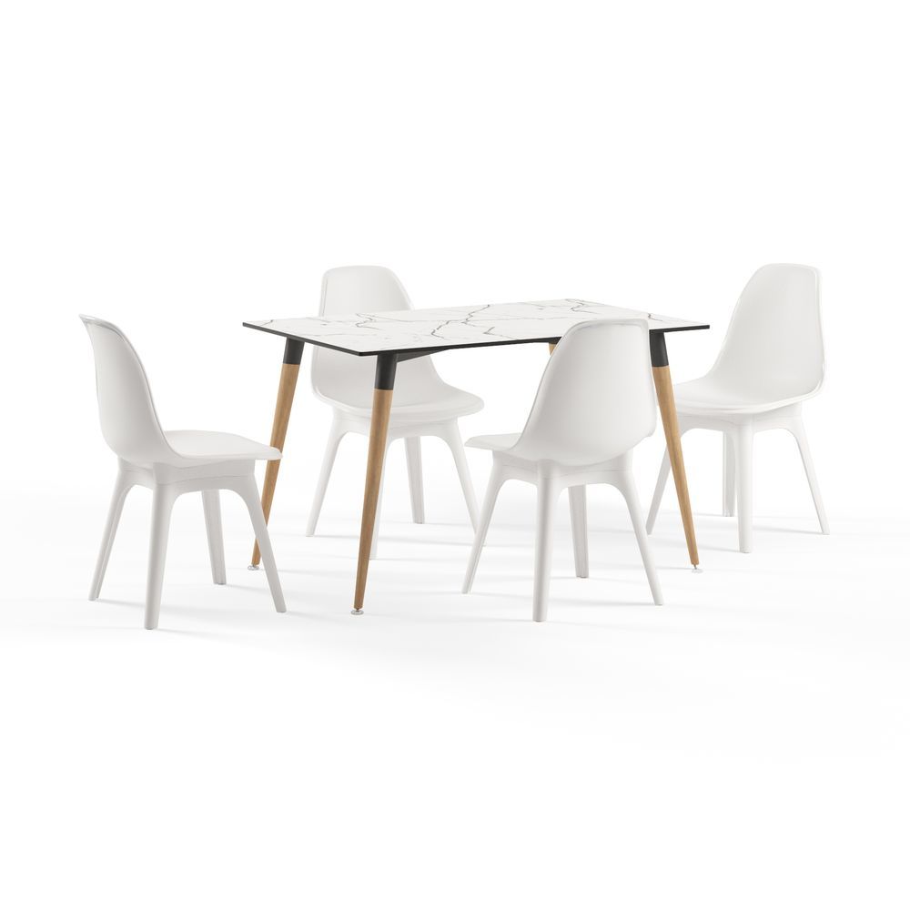 Isıya Ve Çizilmeye Karşı Çok Dayanıklı Örtü Sermeden Kullanılır Beyaz Mermer Compact Mutfak Masa Sandalye Takımı 77x120.cm