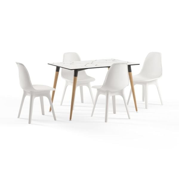 Isıya Ve Çizilmeye Karşı Çok Dayanıklı Örtü Sermeden Kullanılır Beyaz Mermer Compact Mutfak Masa Sandalye Takımı 77x120.cm