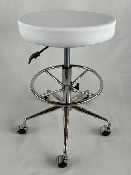 Krom Ayaklı Beyaz Deri Tekerlekli Yüksek Laboratuvar Taburesi