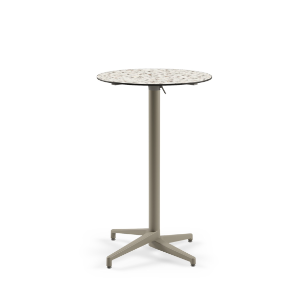 Compact Paslanmaz Bistro Katlanır Cafe Bar Masası - 70 cm Yuvarlak Terrazzo Mermer Desenli Laminat Üst, Vizon Renk Ayaklı, Dış Mekan ve İç Mekan Kullanımına Uygun