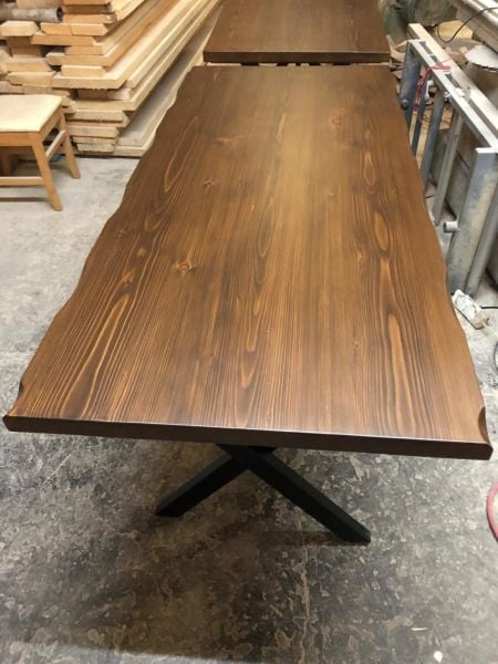 Rustik Doğal Ağaç Kütük Masa  Ceviz Rengi Üst Tabla ve Mat Siyah Çapraz Ayaklar 80x160.cm