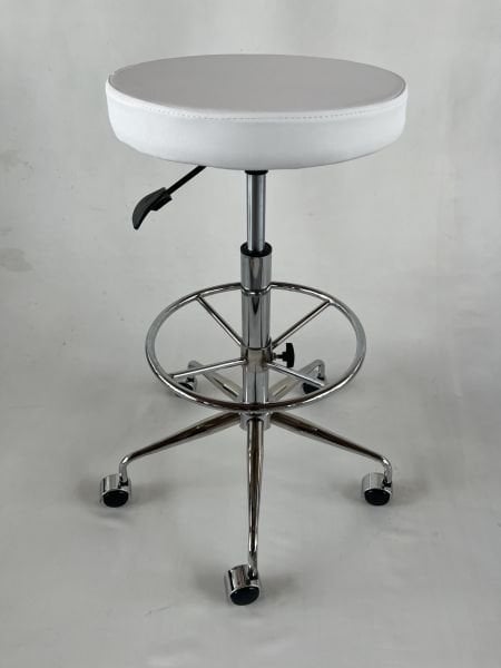 Tekerlekli Ekstra Yüksek Amortisörlü Beyaz Deri Bar Taburesi