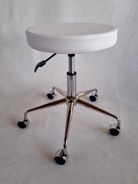 Amortisörlü Beyaz Deri Tekerlekli Tabure