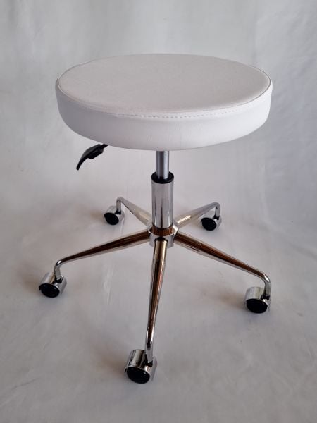 Amortisörlü Beyaz Deri Tekerlekli Tabure