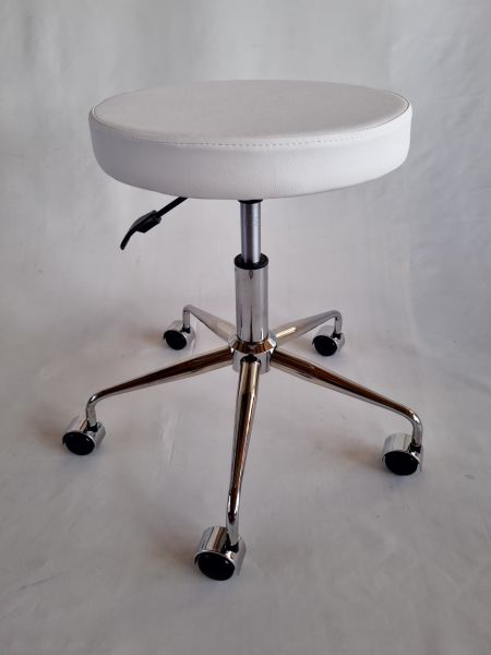 Amortisörlü Beyaz Deri Tekerlekli Tabure