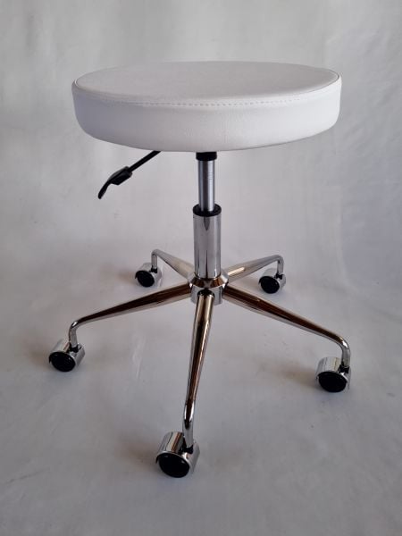 Amortisörlü Beyaz Deri Tekerlekli Tabure