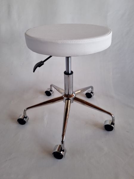 Amortisörlü Beyaz Deri Tekerlekli Tabure